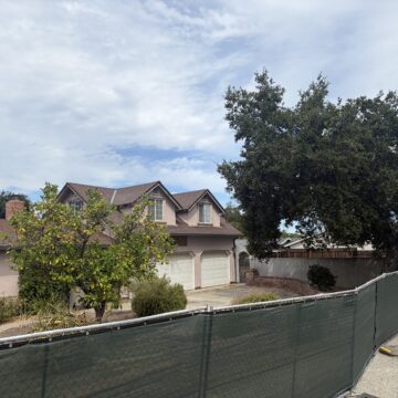 A house and a tree behind a green fence.