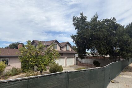 A house and a tree behind a green fence.