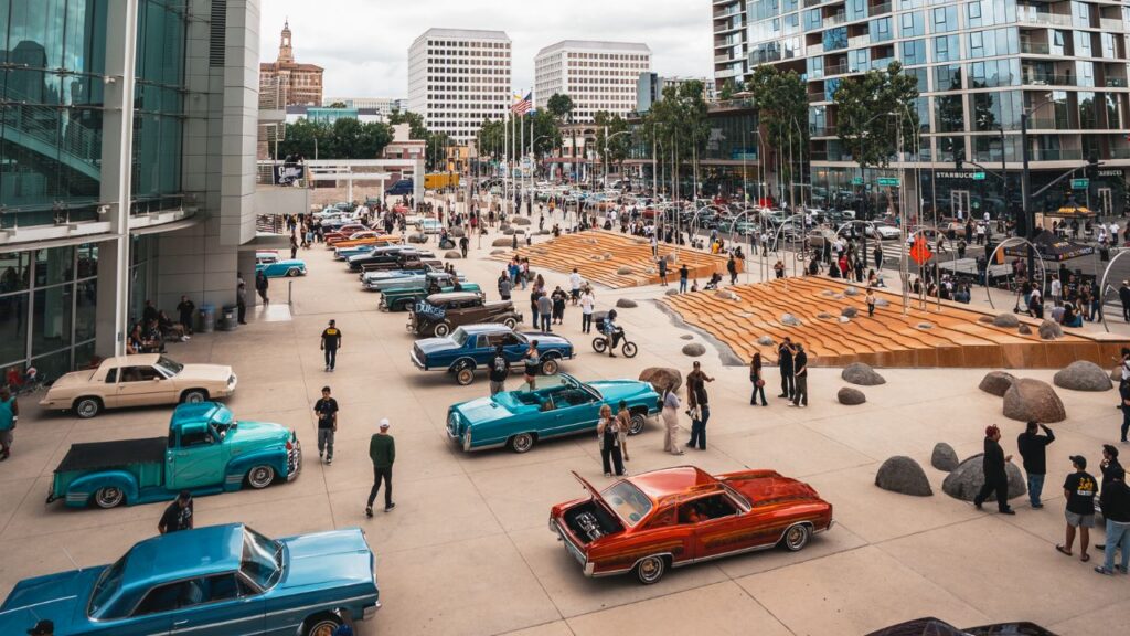 Lowrider cars parked in front of City Hall in San Jose, California
