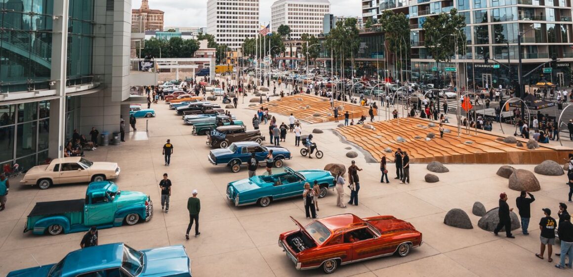 Lowrider Day 2026-2 Lowrider cars parked in front of City Hall in San Jose, California