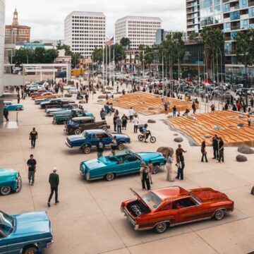 Lowrider Day 2026-2 Lowrider cars parked in front of City Hall in San Jose, California