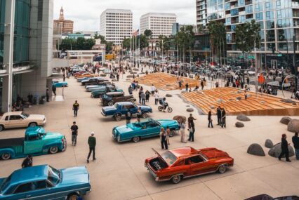 Lowrider cars parked in front of City Hall in San Jose, California
