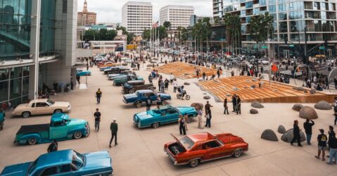 Lowrider cars parked in front of City Hall in San Jose, California