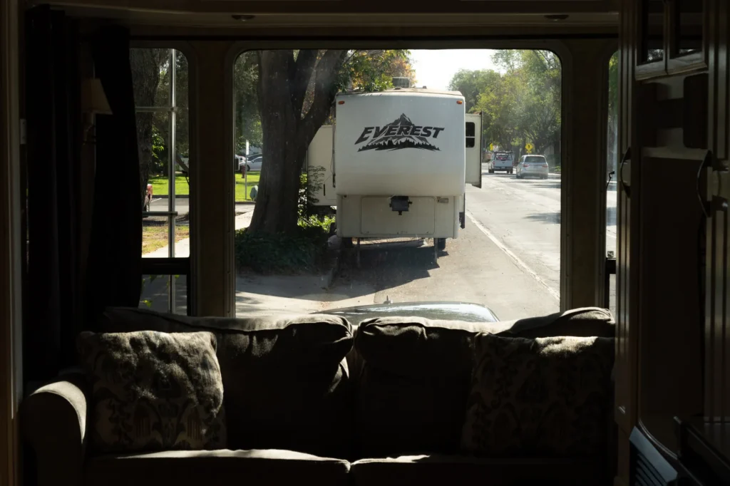 An RV viewed from inside the interior of another RV in Palo Alto, California