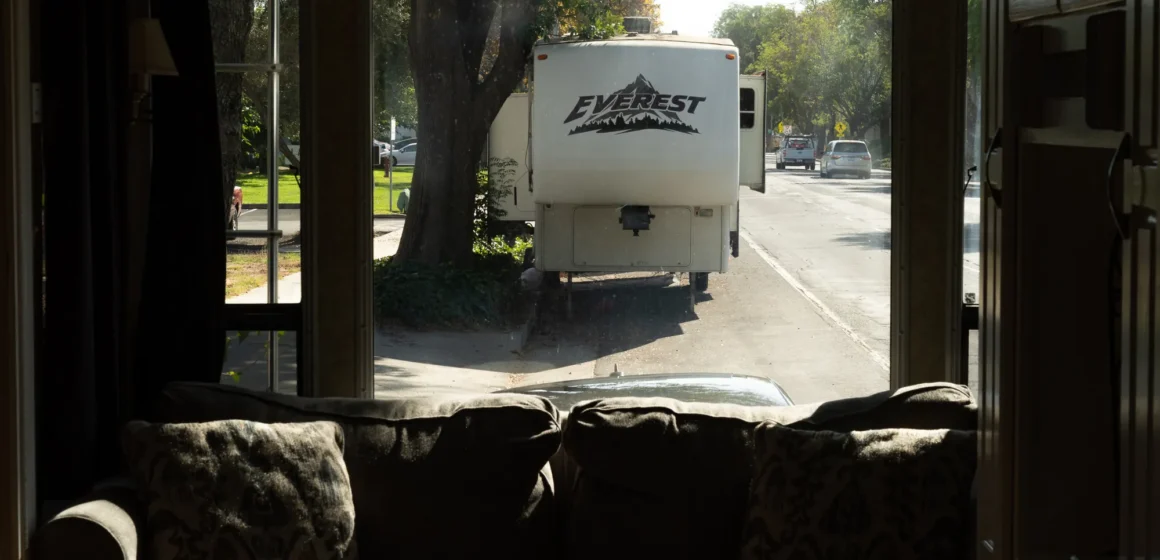 An RV viewed from inside the interior of another RV in Palo Alto, California