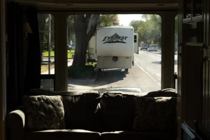 An RV viewed from inside the interior of another RV in Palo Alto, California
