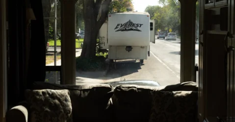 An RV viewed from inside the interior of another RV in Palo Alto, California
