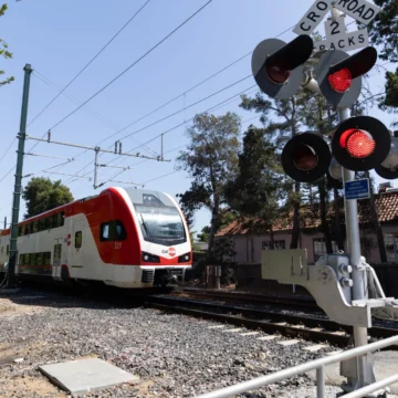 Palo Alto Churchill train crossing Embarcadero A train passes through Palo Alto, California