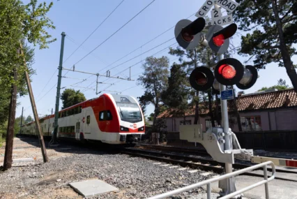 A train passes through Palo Alto, California