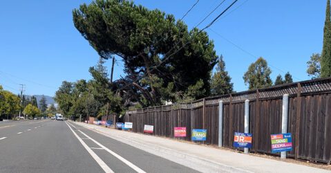 Campaign signs for a local election line a fence along a road in Cupertino, California