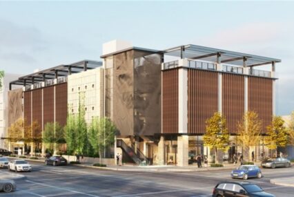 A rendering of a parking garage proposed for Palo Alto, California