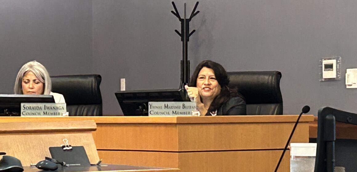 Morgan Hill Censure A woman sitting behind a dais at a government meeting in Morgan Hill, California