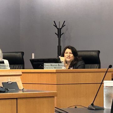 Morgan Hill Censure A woman sitting behind a dais at a government meeting in Morgan Hill, California