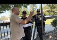 A man speaking with police outside in Santa Clara, California