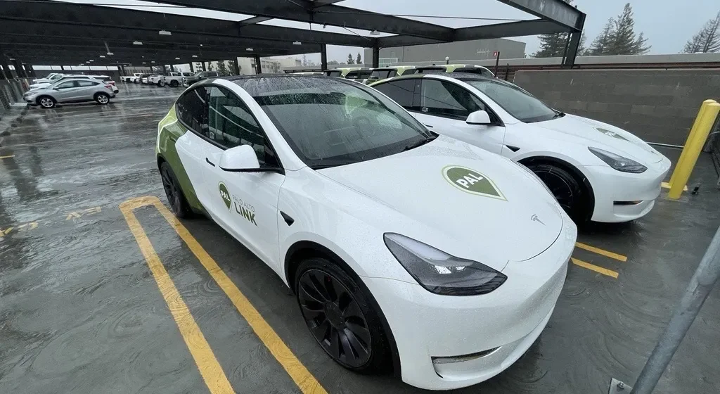 Palo Alto Link Embarcadero An electric vehicle in a parking space in Palo Alto, California