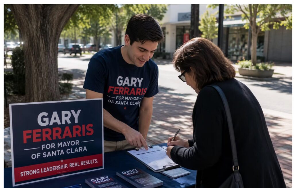An AI-generated image of a person campaigning for a seat on the Santa Clara City Council