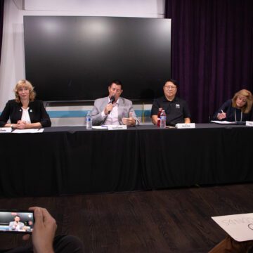 Santa Clara mayor election forum 2026 A row of people sitting behind a table at an election forum in Santa Clara, California