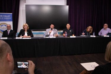 Santa Clara mayor election forum 2026 A row of people sitting behind a table at an election forum in Santa Clara, California