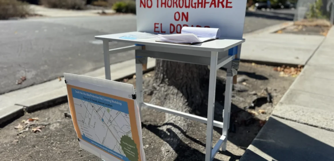 Palo Alto El Dorado bike tunnel petition Embarcadero A station for people to fill out a petition opposing plans for a bike tunnel in Palo Alto, California