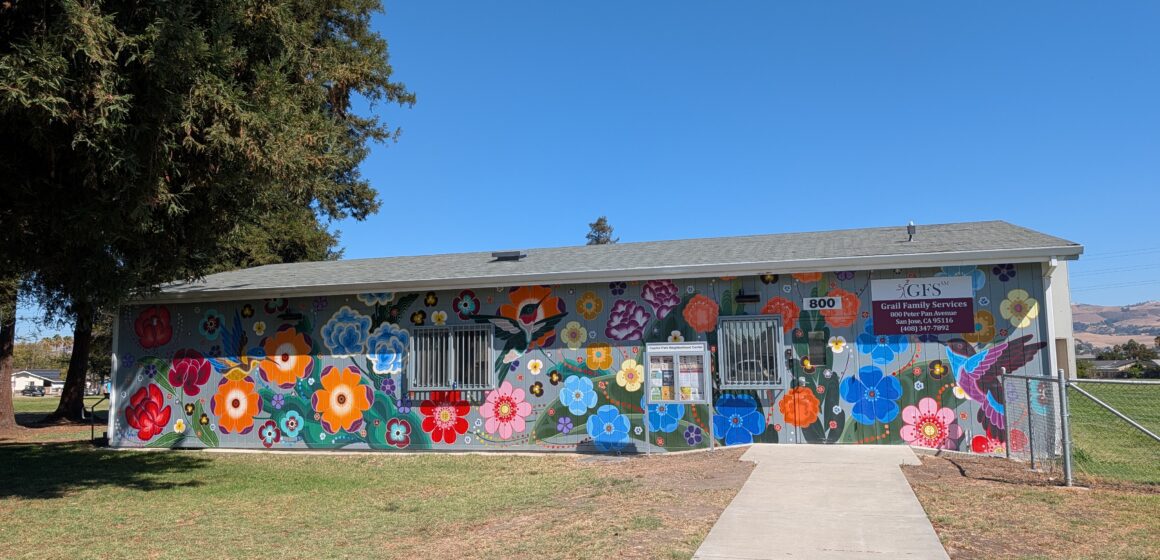 The exterior of a building with a mural in San Jose, California