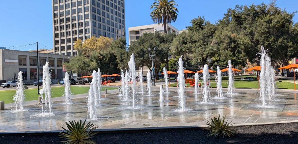 Cesar Chavez Plaza -2 Water fountains spraying water in a park in downtown San Jose, California