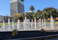 Water fountains spraying water in a park in downtown San Jose, California