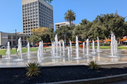 Water fountains spraying water in a park in downtown San Jose, California
