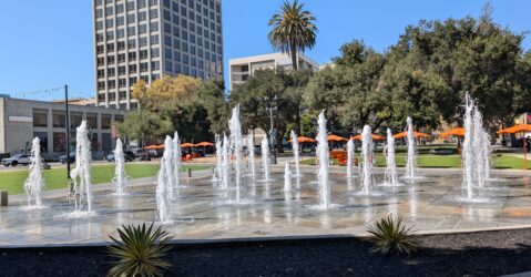 Water fountains spraying water in a park in downtown San Jose, California