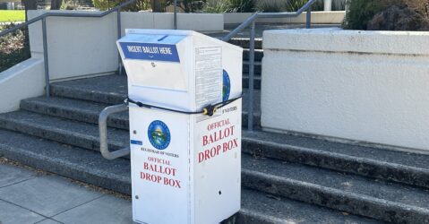 A ballot drop box outside city hall in Morgan Hill, California