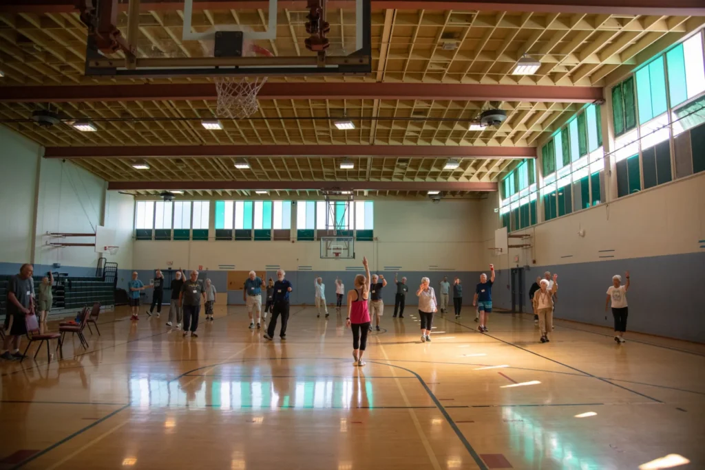 People exercising in a community center in Palo Alto, California