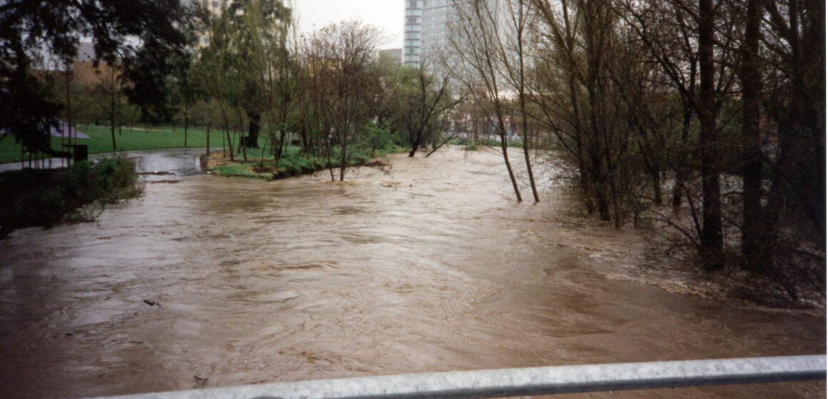The flooded Guadalupe River in San Jose California on March 11, 1995. (courtesy of the California Room, San Jose Public Library)