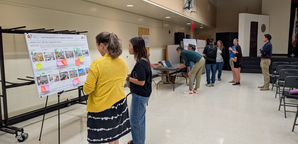 SJUSD CAMPUS RENOVATIONS People looking at conceptual plans for a school renovation in San Jose, California