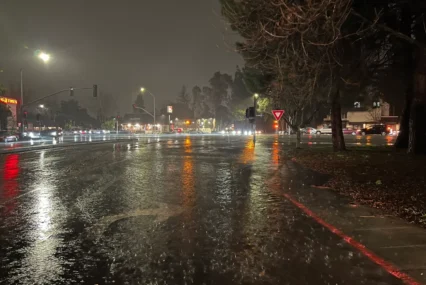 A rainy street in Mountain View, California