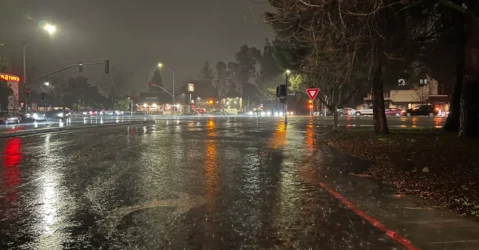 A rainy street in Mountain View, California